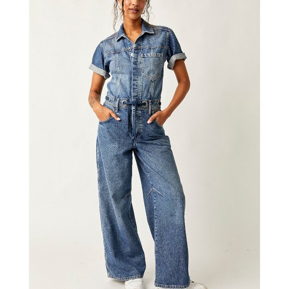 FREE PEOPLE We The Free Edison Wide-Leg Coverall / Cape Blue - Picture 4 of 10